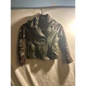 Joujou Womens Moto Jacket Olive Green Faux Leather Camo Sleeves Hooded Medium